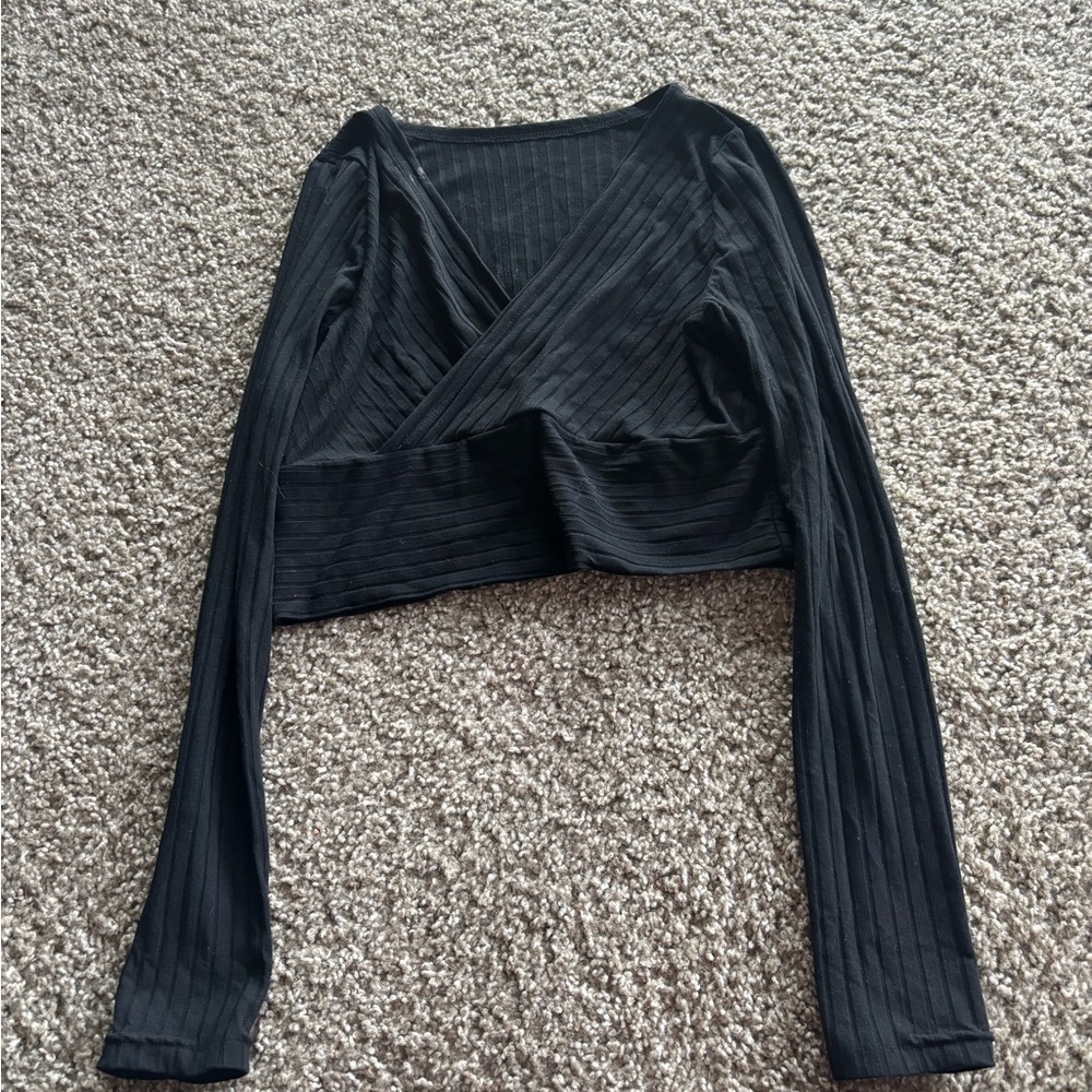 SHEIN Black Ribbed Wrap Crop Blouse
